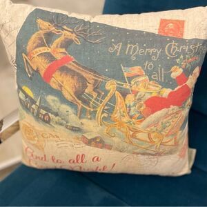 Santa Reindeer Sled Post Card Christmas Pillow NWT Primitives by Kathy